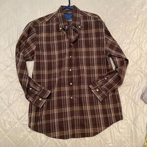 Plaid Long Sleeve Wrinkle Free Button Down Shirt Mens M Brown Tan Button Collar